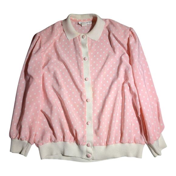 Vtg 1980s Anastasia Pink White Polka Dot Collared Button Up Chiffon Blouse Sz 16 - Picture 1 of 7